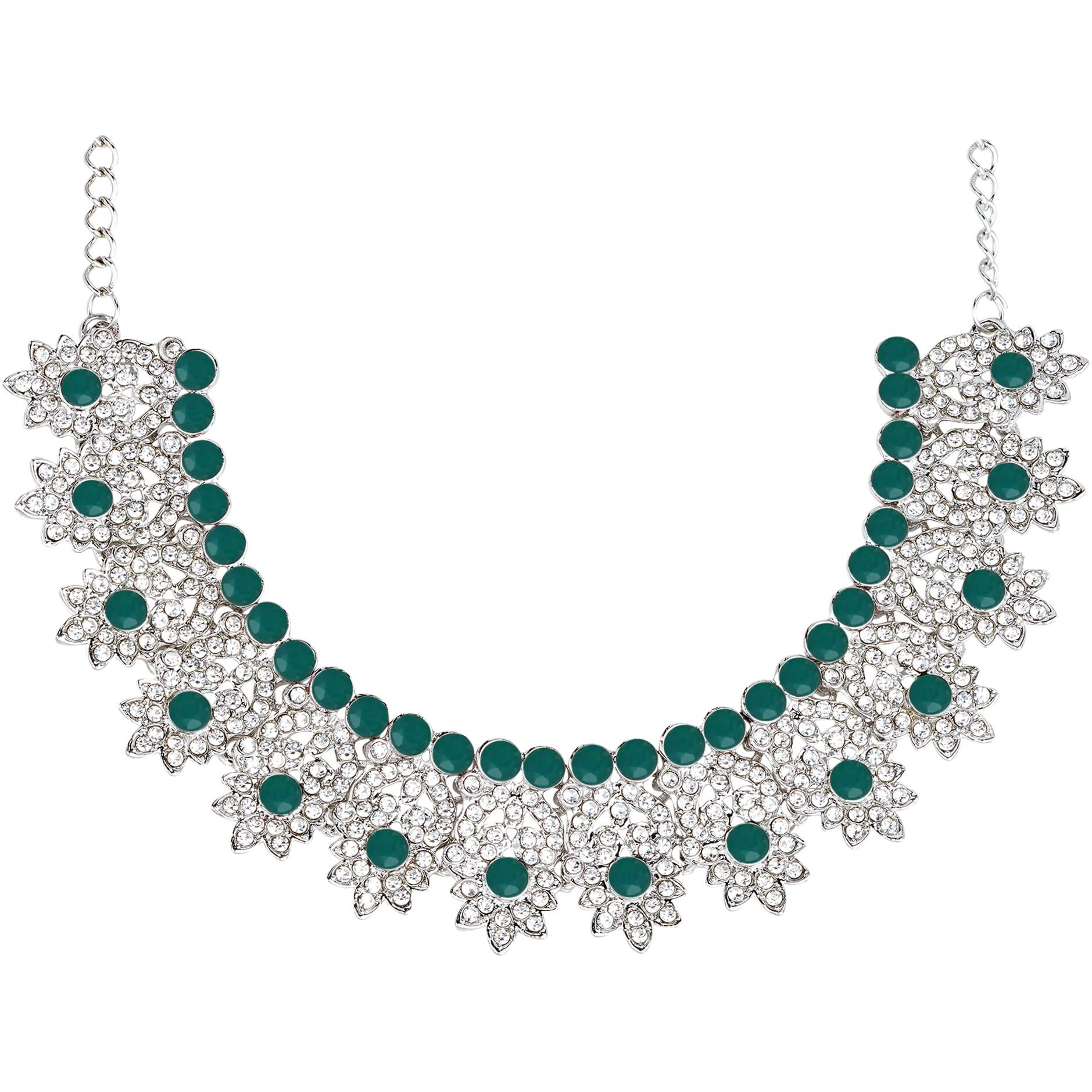 Atasi International Rhodium Plated Green Kundan Necklace Set with Earrings and Maang Tikka (RDG5380)