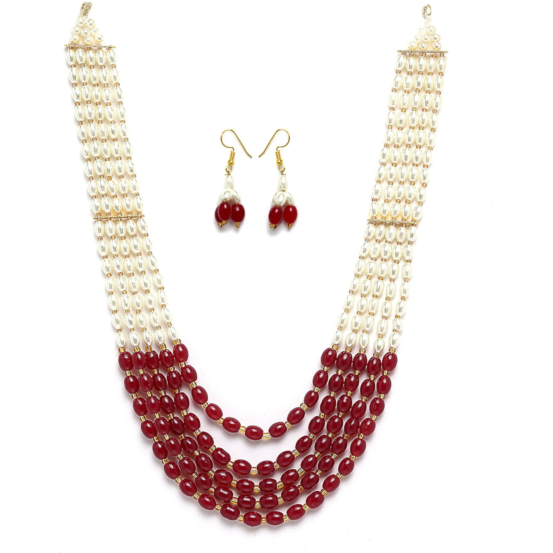ZENEME Jewellery Set White Pearl Multi String Five Layered Rajasthani Style Vintage Necklace Set With Earrings Jewellery For Women & Girls (Maroon)
