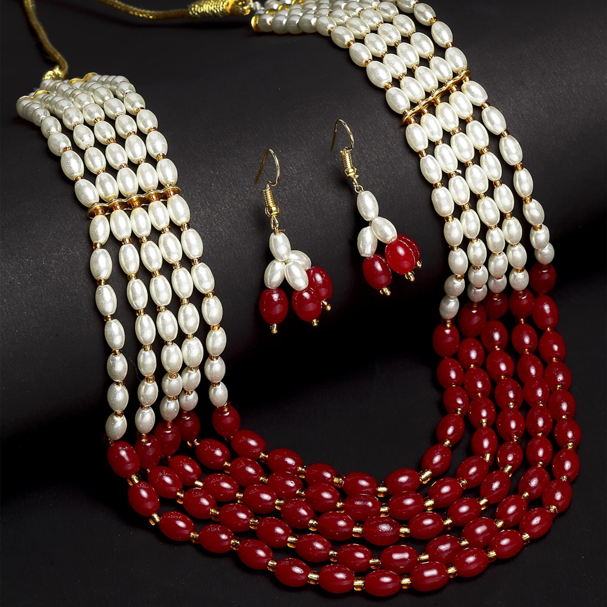 ZENEME Jewellery Set White Pearl Multi String Five Layered Rajasthani Style Vintage Necklace Set With Earrings Jewellery For Women & Girls (Maroon)