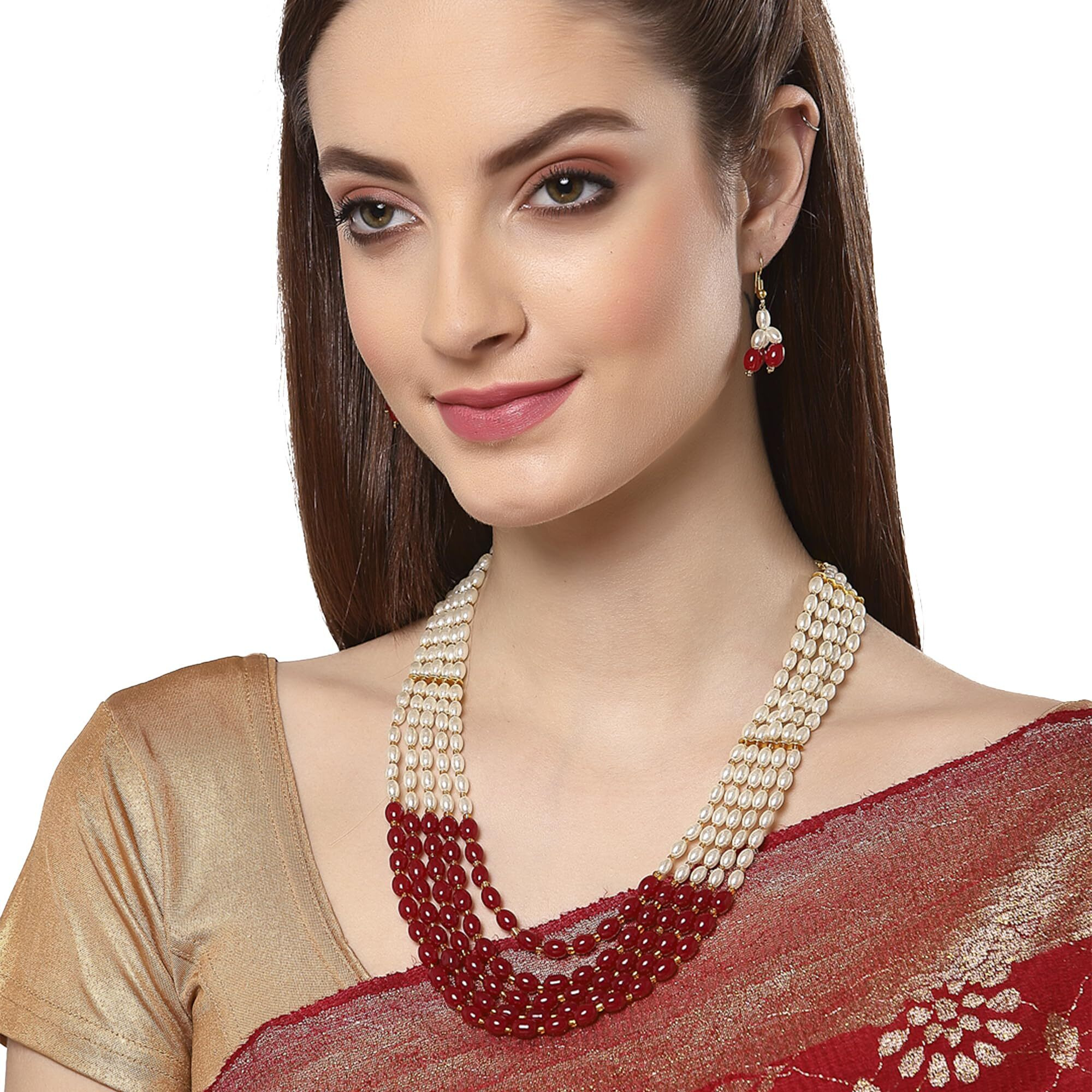 ZENEME Jewellery Set White Pearl Multi String Five Layered Rajasthani Style Vintage Necklace Set With Earrings Jewellery For Women & Girls (Maroon)