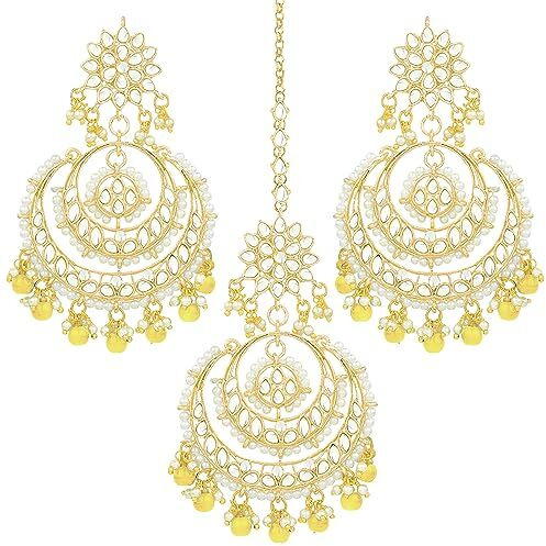 Peora Traditional Jewellery 18K Gold Plated Kundan & Pearl Maang Tikka Earring Set for Women Girls (Yellow)