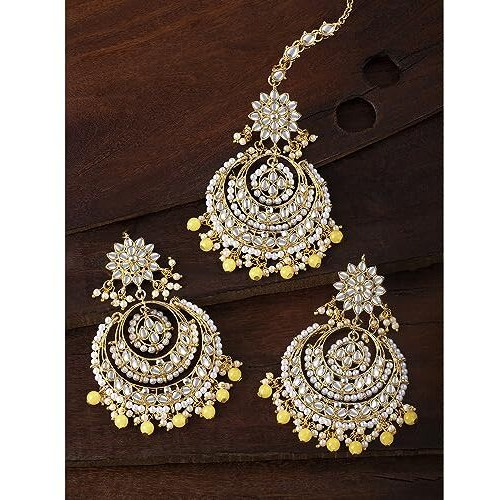 Peora Traditional Jewellery 18K Gold Plated Kundan & Pearl Maang Tikka Earring Set for Women Girls (Yellow)