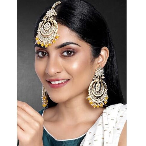 Peora Traditional Jewellery 18K Gold Plated Kundan & Pearl Maang Tikka Earring Set for Women Girls (Yellow)