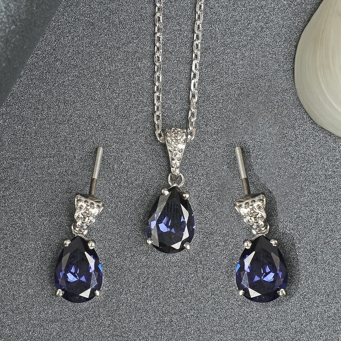 Clara 925 Sterling Silver Royal Blue Tear Drop Pendant Earring Chain Jewellery Set | Rhodium Plated, Swiss Zirconia | Gift for Women & Girls
