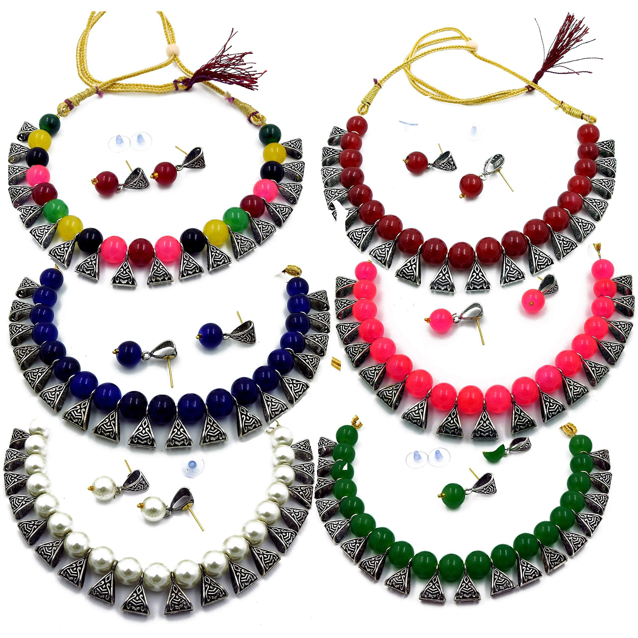 LACUM German Oxidized Beads Pearl Necklace Sets Combo for Women and Girls Pack of 3, 4, 6 and 8 (SILVER) (LAC625BNS0Y) (Pack6S_MRBlFpWG)