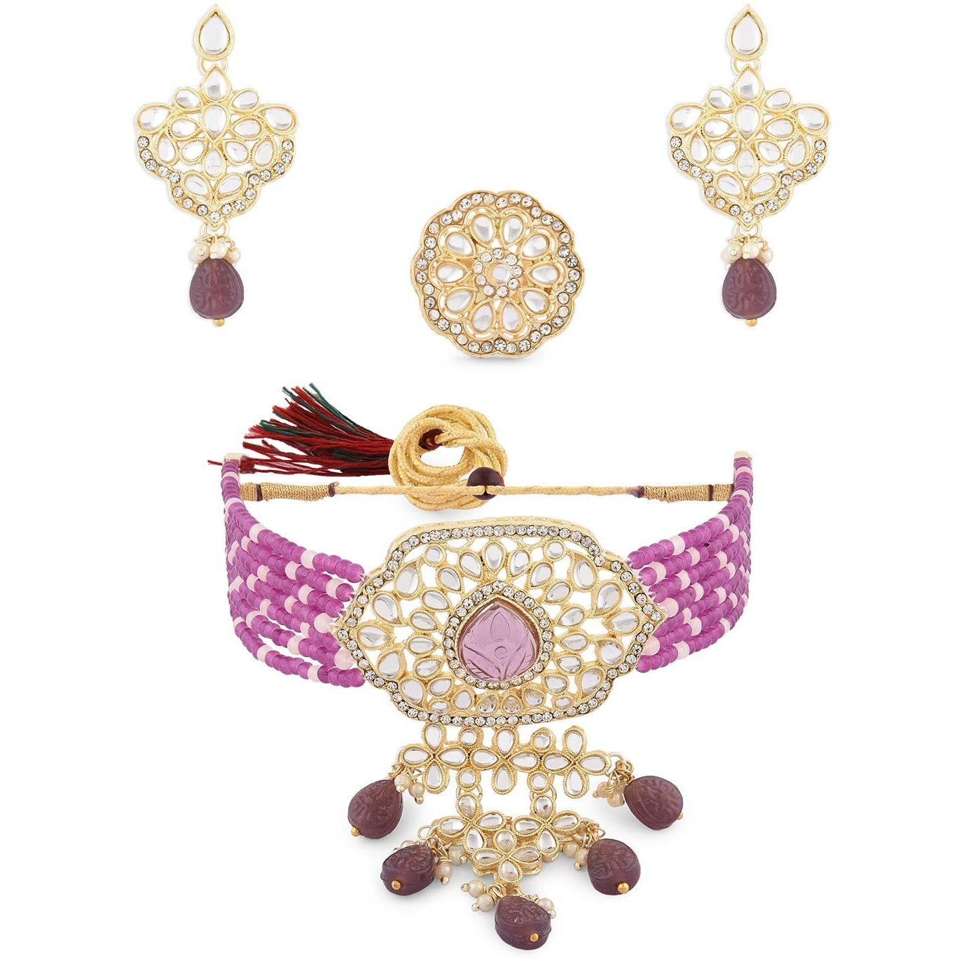 ZAVERI PEARLS Purple Multistrand Beads Traditional Kundan Choker Necklace Earring & Ring Set For Women-ZPFK14761