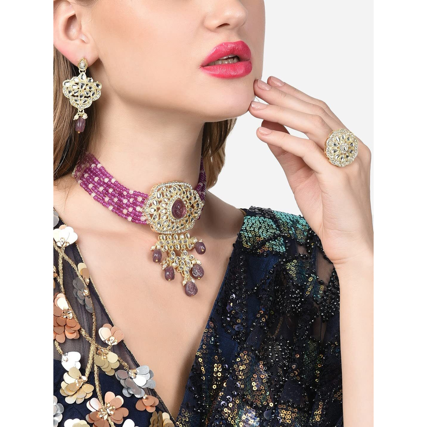 ZAVERI PEARLS Purple Multistrand Beads Traditional Kundan Choker Necklace Earring & Ring Set For Women-ZPFK14761