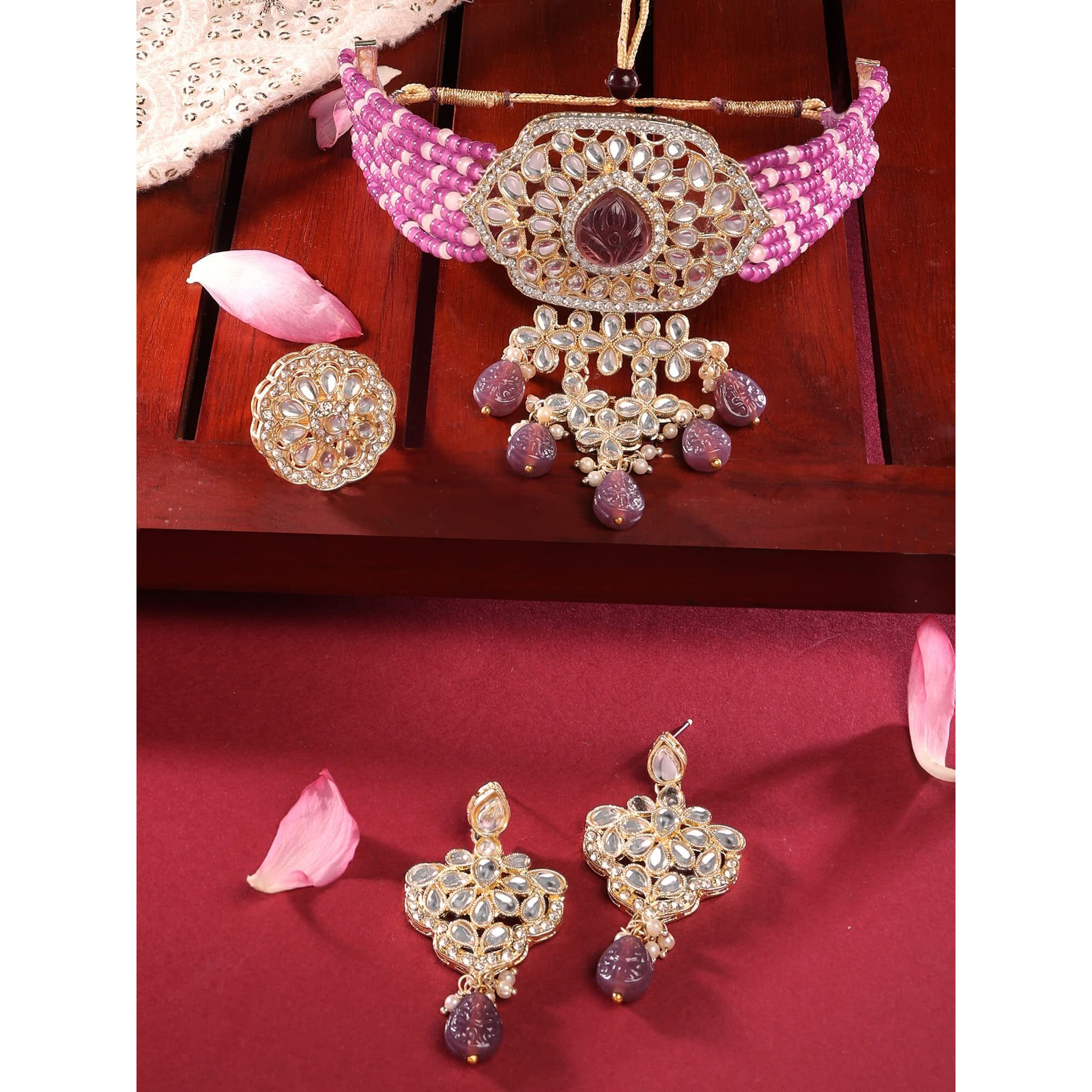 ZAVERI PEARLS Purple Multistrand Beads Traditional Kundan Choker Necklace Earring & Ring Set For Women-ZPFK14761