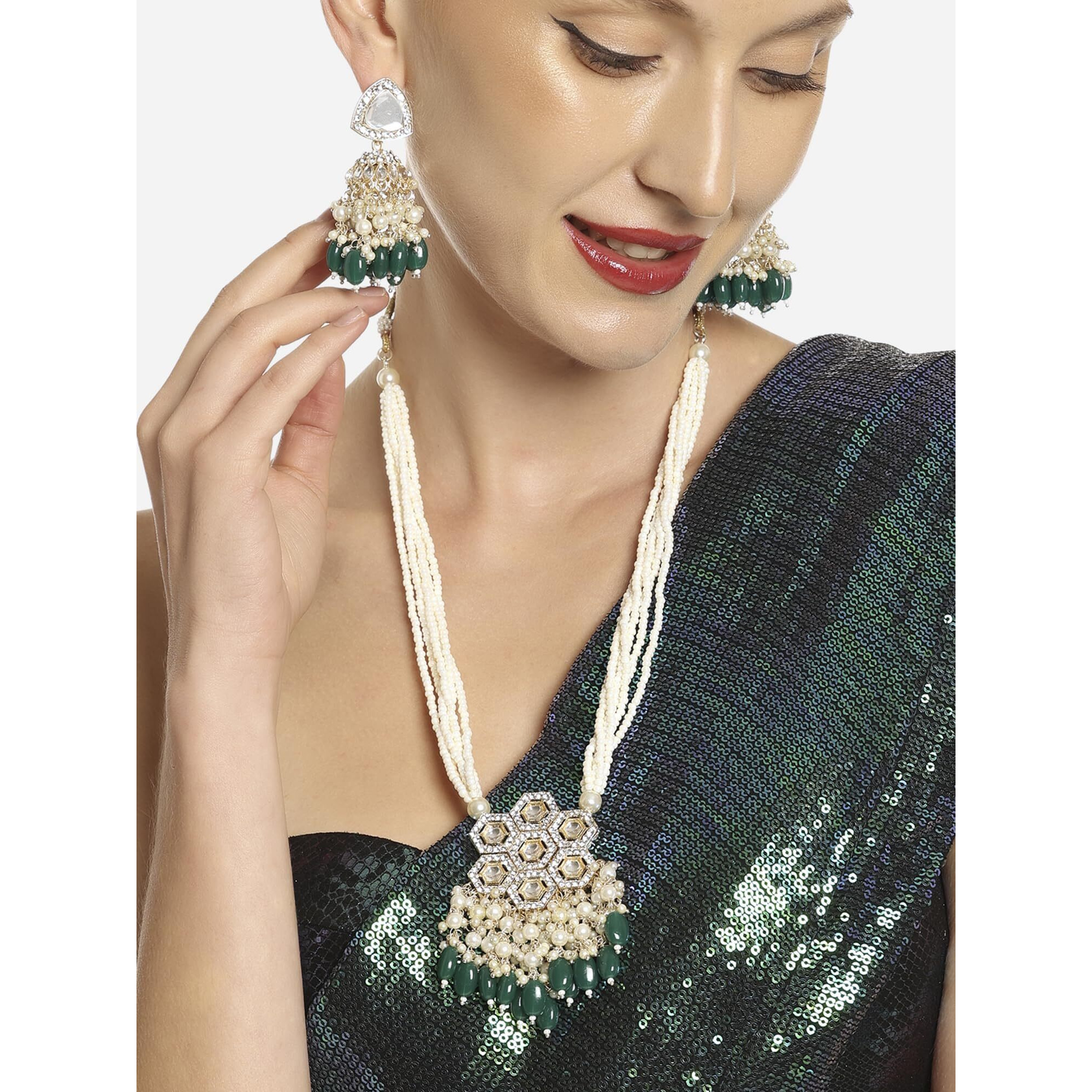 ZAVERI PEARLS Green Stones Long Multistrand Beaded Necklace Earring & Ring Set For Women-ZPFK16585