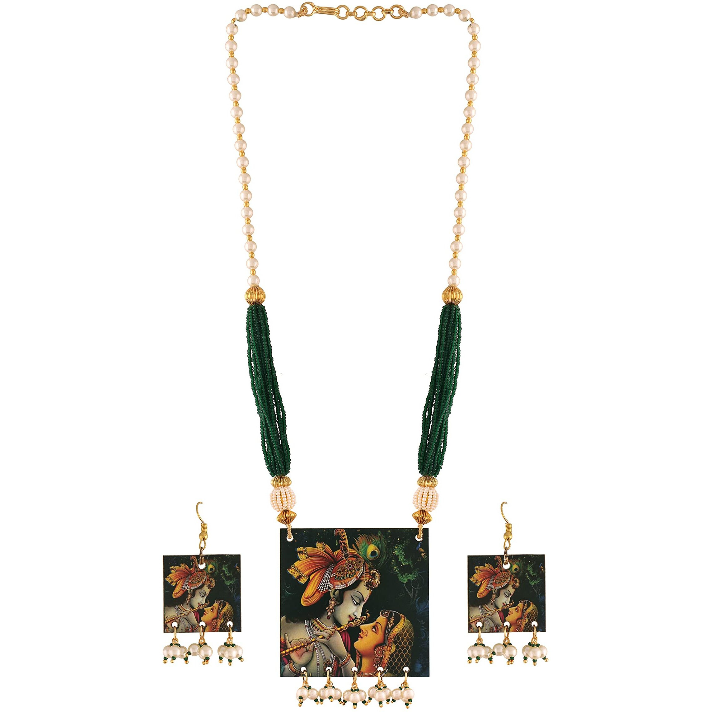I Jewels Stylish Portrait Handpainted Wooden Pearl Necklace Jewellery With Earrings Set For Women & Girls (ML284)