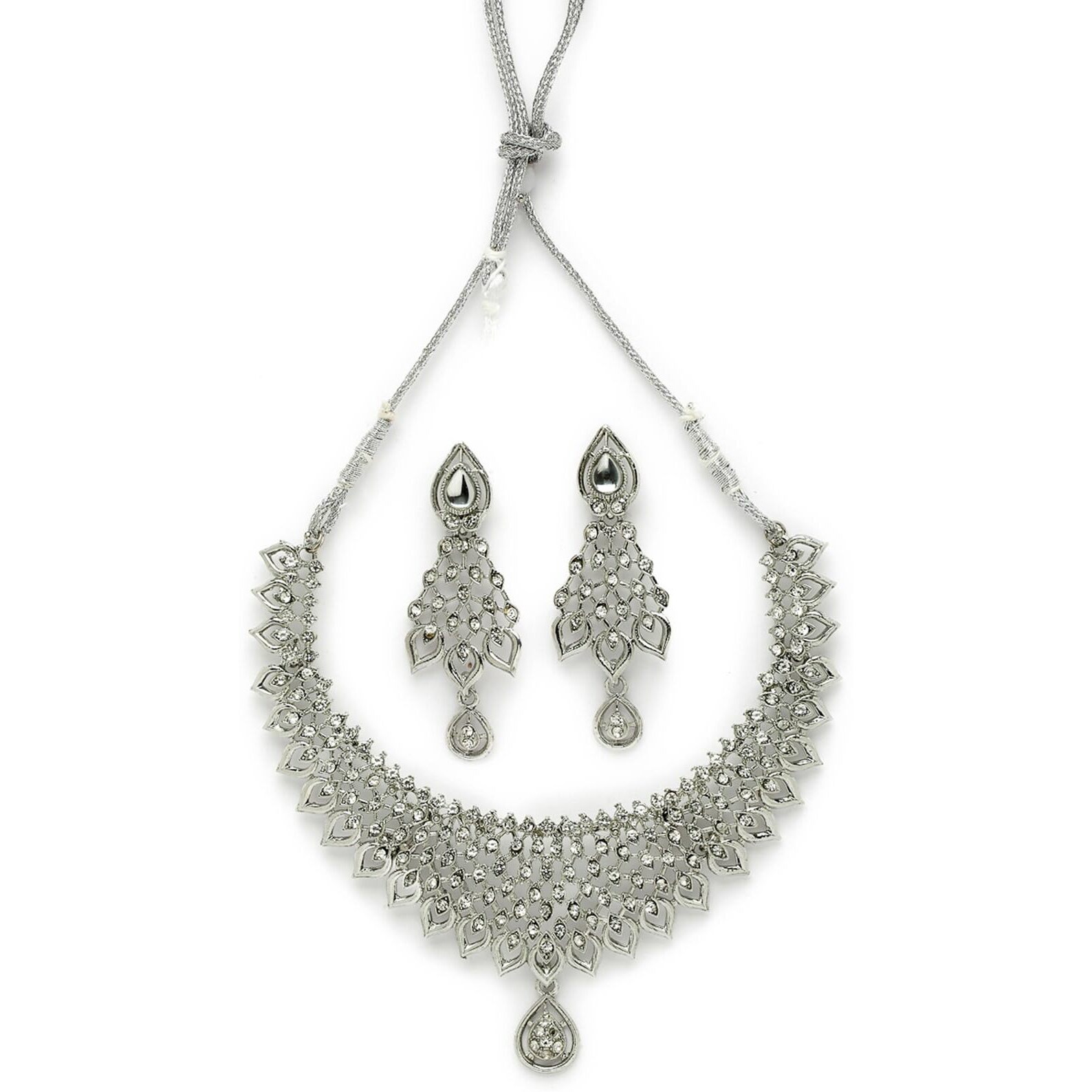 Sukkhi Striking Rhodium Plated Silver AD White Stone Collar Bone Necklace Set And Earring | Jewellery Set For Women (NS105661)