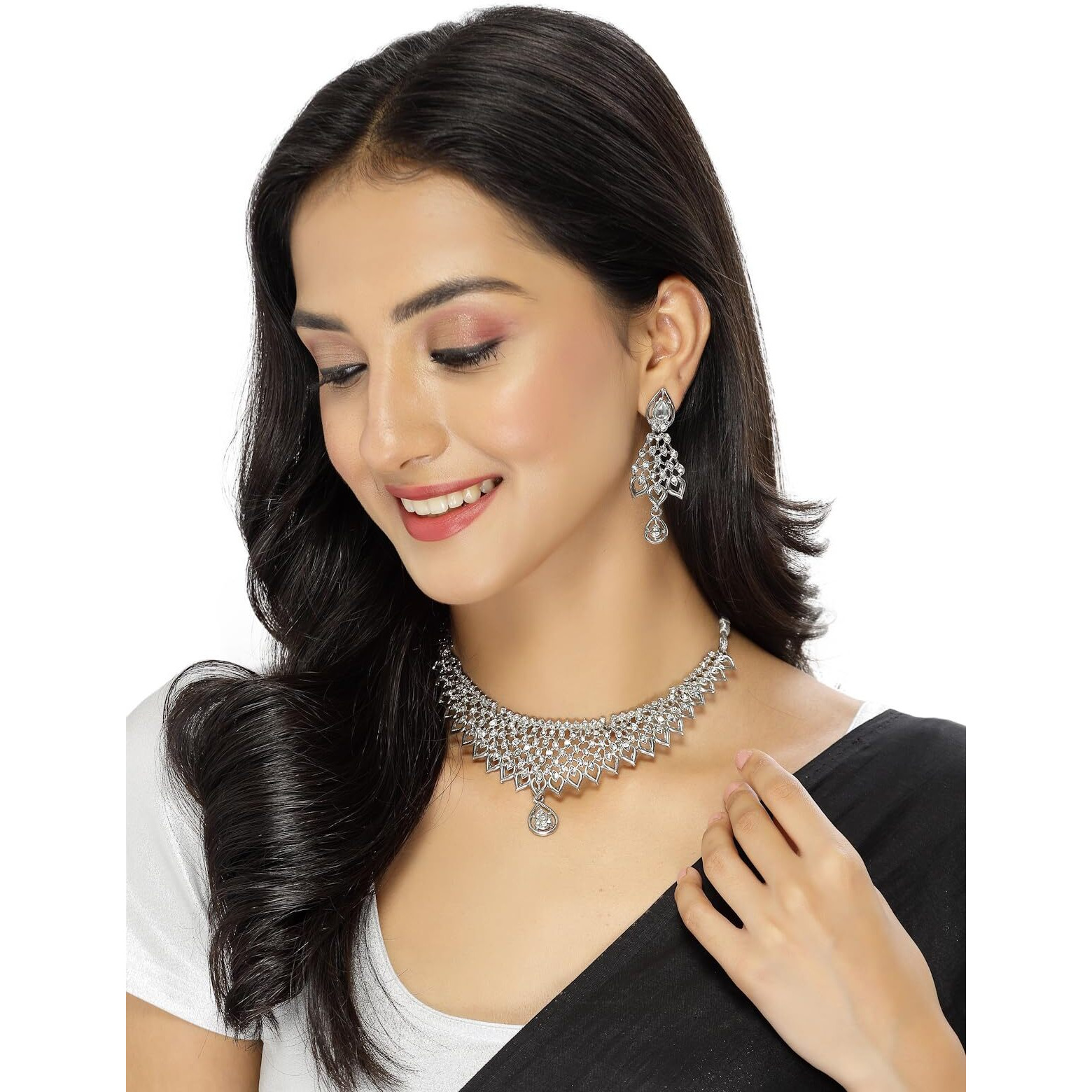 Sukkhi Striking Rhodium Plated Silver AD White Stone Collar Bone Necklace Set And Earring | Jewellery Set For Women (NS105661)