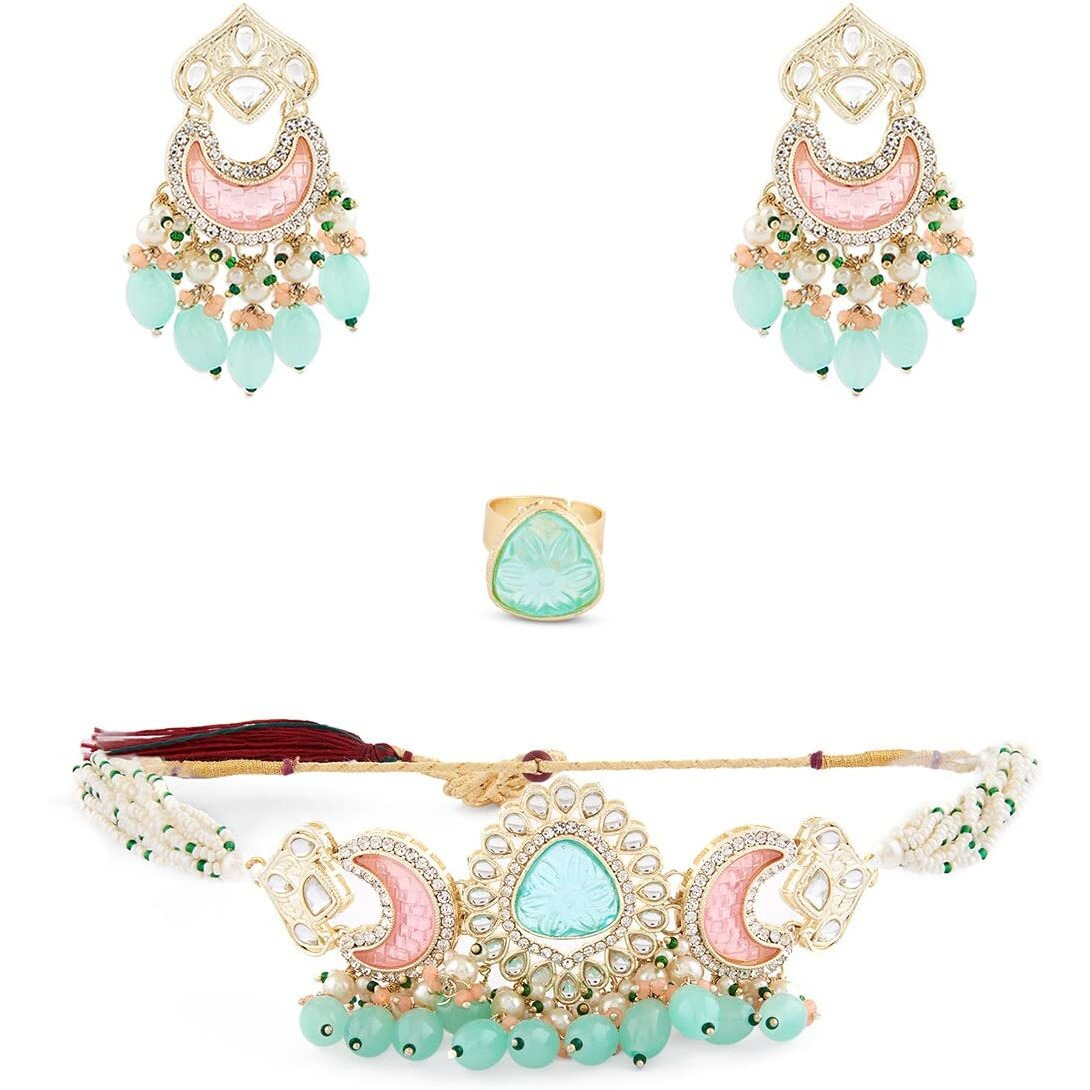 ZAVERI PEARLS Green Pink Stones & Beads Multistrand Kundan Choker Necklace Earring & Ring Set For Women-ZPFK15653