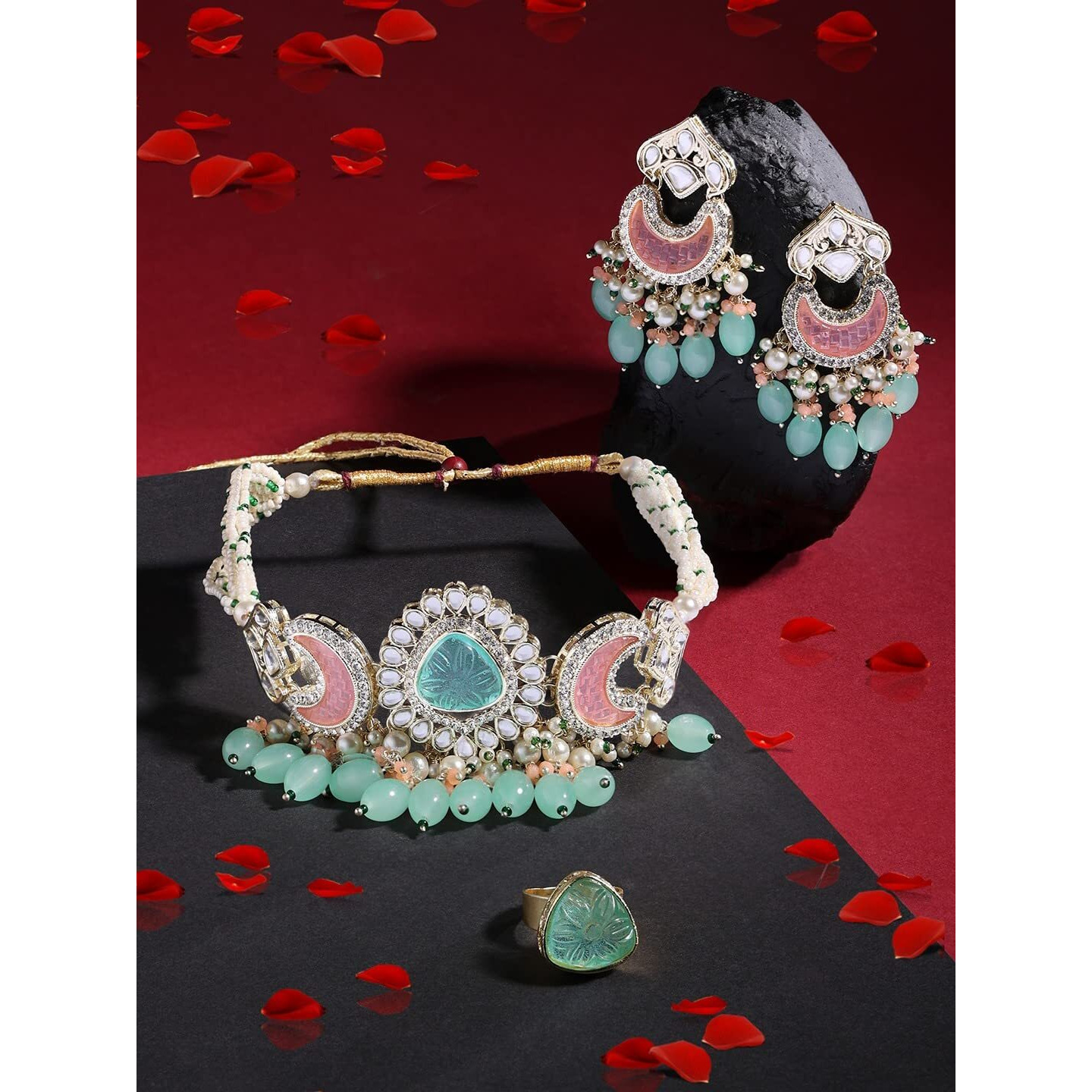 ZAVERI PEARLS Green Pink Stones & Beads Multistrand Kundan Choker Necklace Earring & Ring Set For Women-ZPFK15653