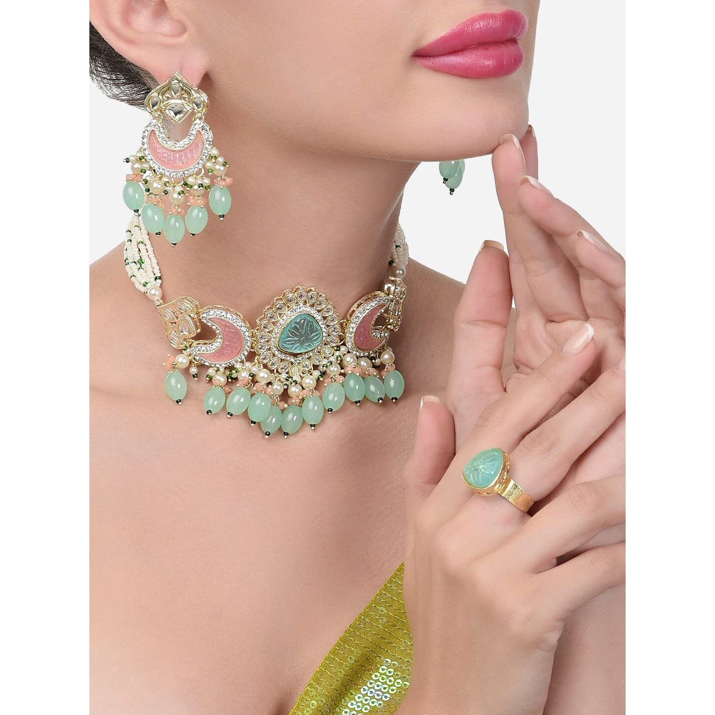 ZAVERI PEARLS Green Pink Stones & Beads Multistrand Kundan Choker Necklace Earring & Ring Set For Women-ZPFK15653
