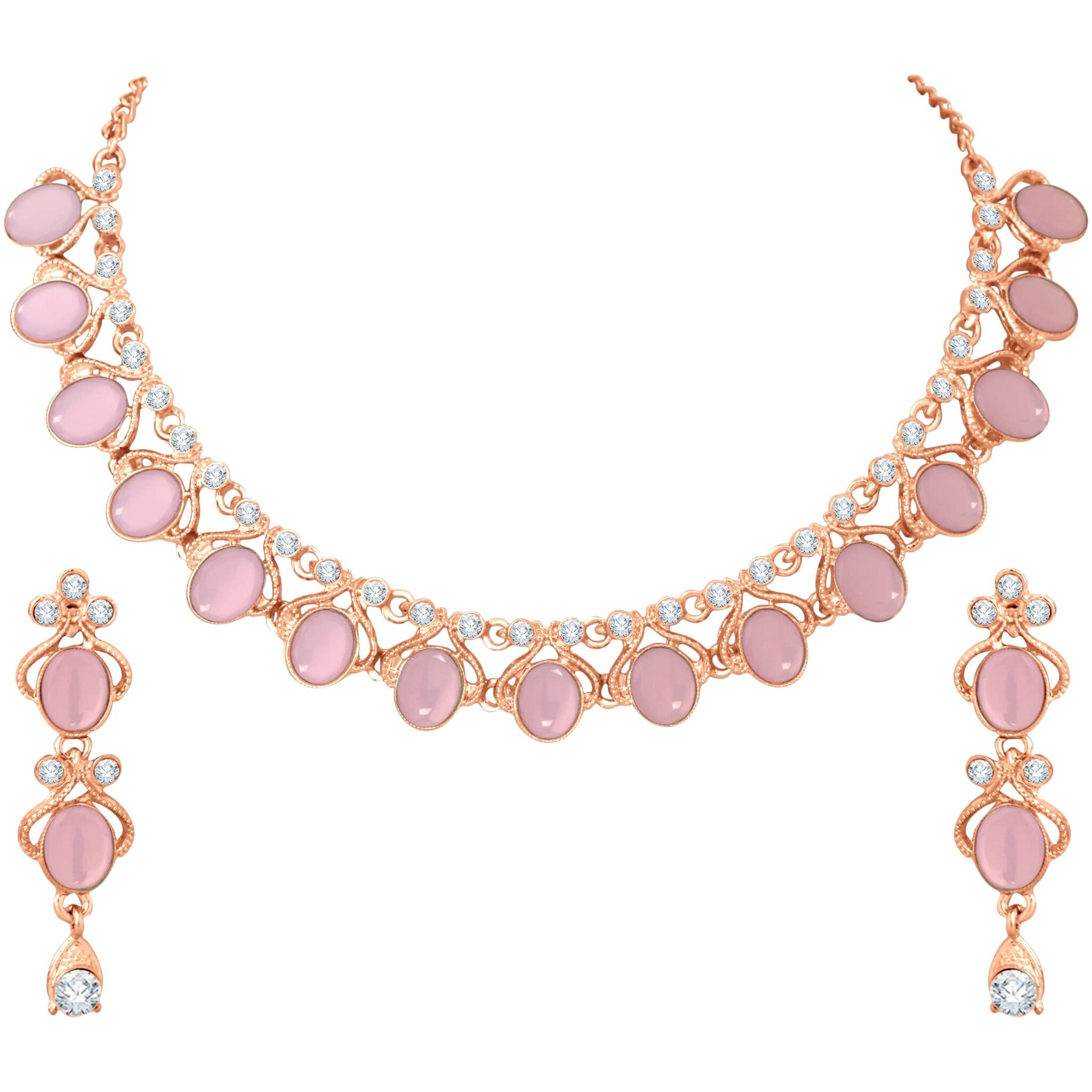 Atasi International Rose Gold Plated Pastel Pink Monlisa Stone Necklace with Earrings for Women - Jewellery Set for Party, Wedding, Engagement (RGMP5706)