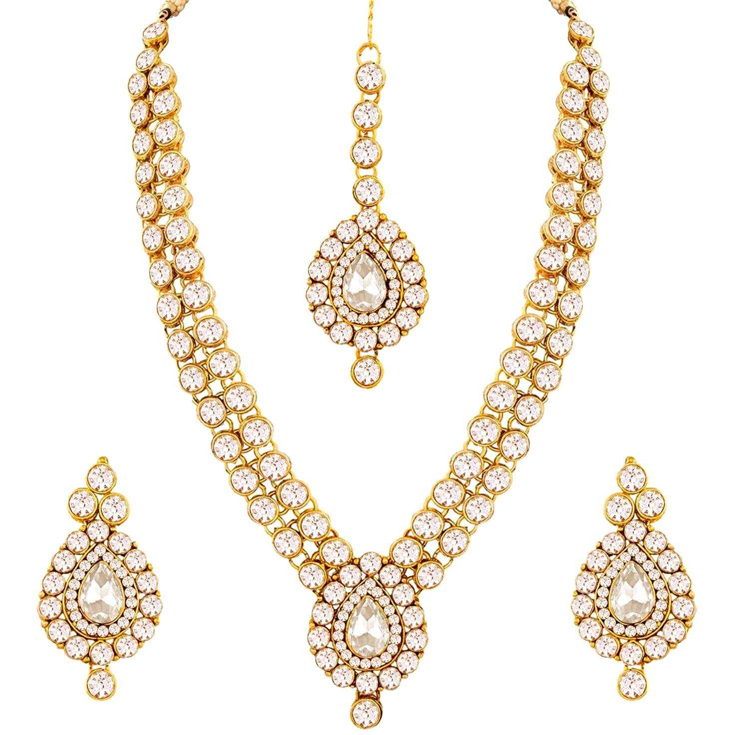 I Jewels Traditional Gold Plated Jewellery Set with Maang Tikka for Women IJ244W (White)