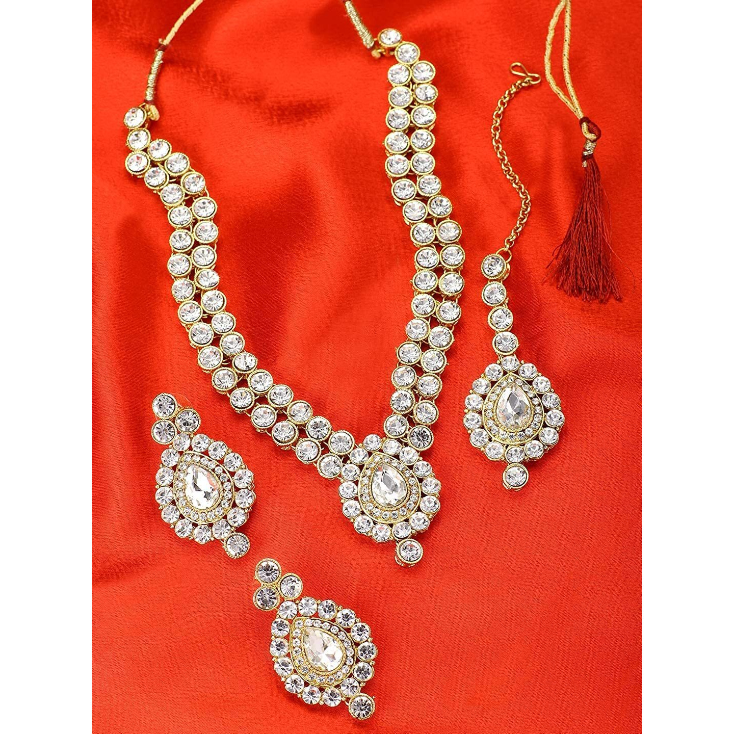 I Jewels Traditional Gold Plated Jewellery Set with Maang Tikka for Women IJ244W (White)