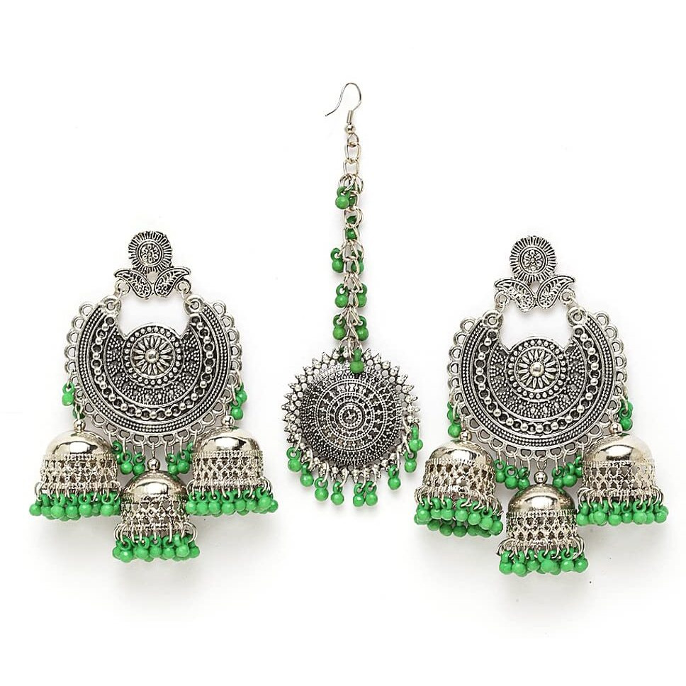 Shining Diva Fashion Latest Oxidised Silver Antique Design Stylish Traditional Maang Tikka Jhumka Earrings Jewellery Set for Women (Green) (12028s)