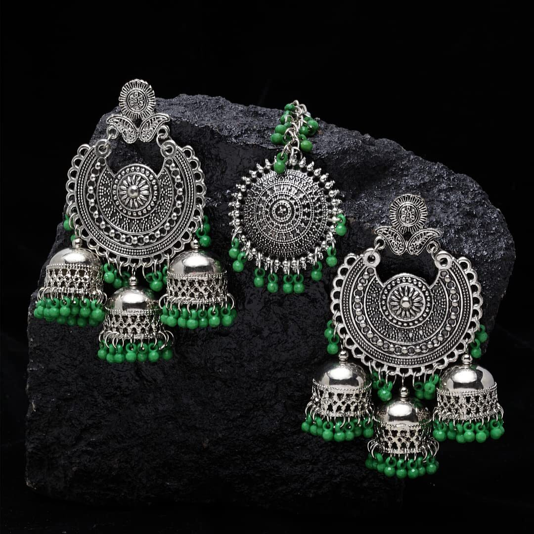 Shining Diva Fashion Latest Oxidised Silver Antique Design Stylish Traditional Maang Tikka Jhumka Earrings Jewellery Set for Women (Green) (12028s)