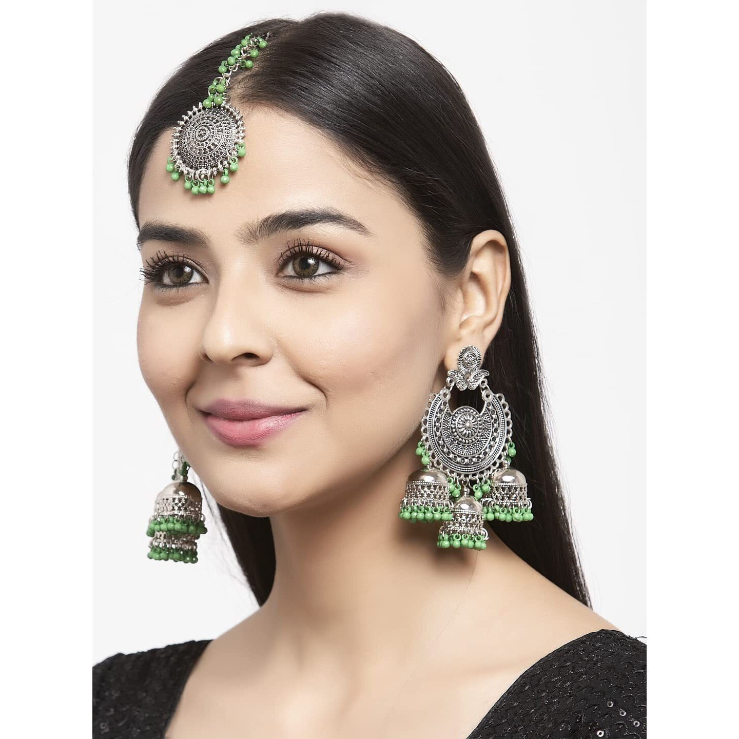 Shining Diva Fashion Latest Oxidised Silver Antique Design Stylish Traditional Maang Tikka Jhumka Earrings Jewellery Set for Women (Green) (12028s)