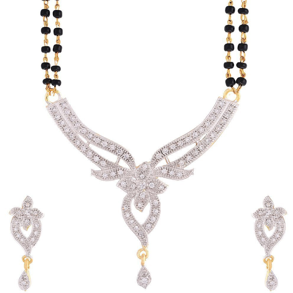 ZENEME Mangalsutra American Diamond Gold Plated Pendant Jewellery with Chain and Earrings for Women (Design-4)