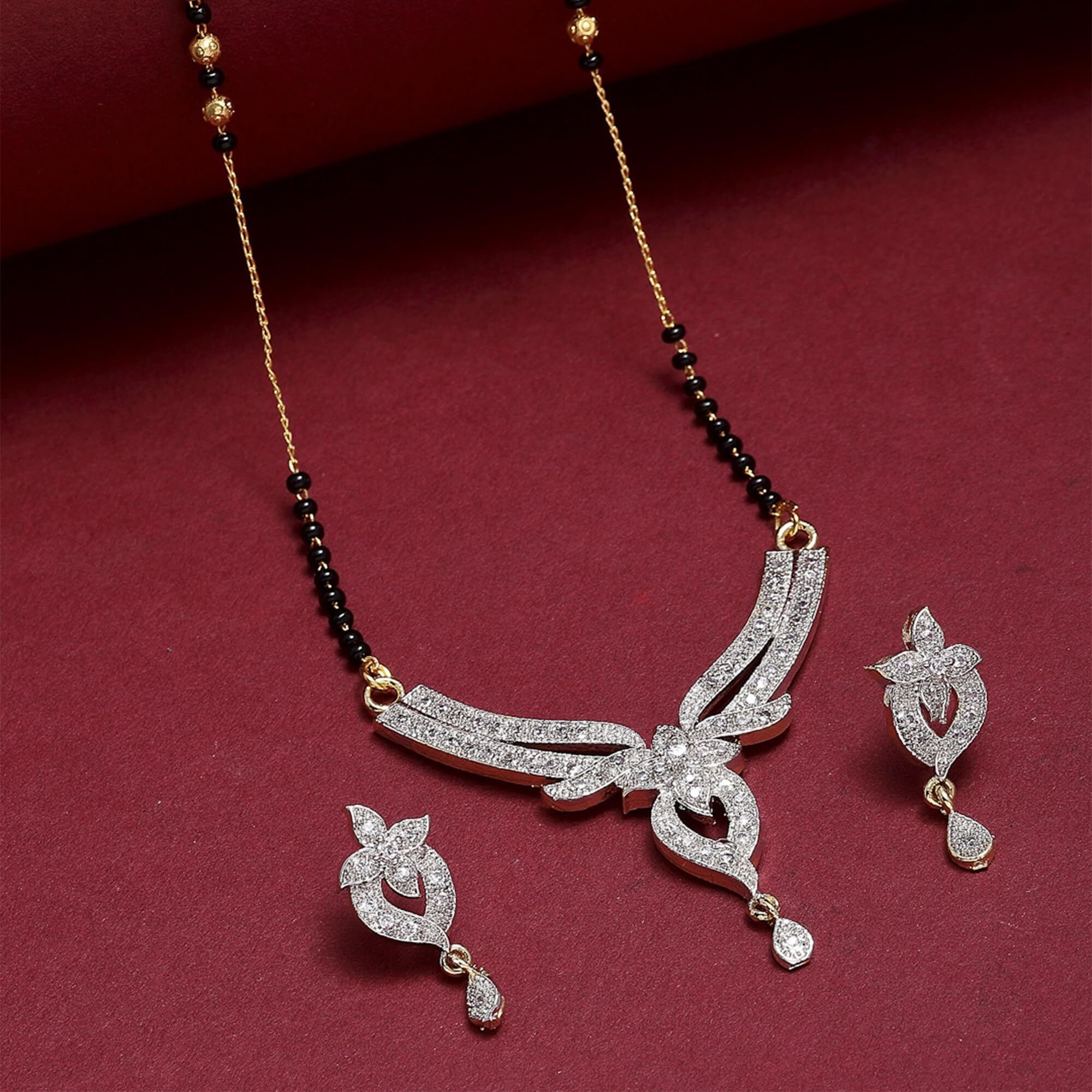 ZENEME Mangalsutra American Diamond Gold Plated Pendant Jewellery with Chain and Earrings for Women (Design-4)
