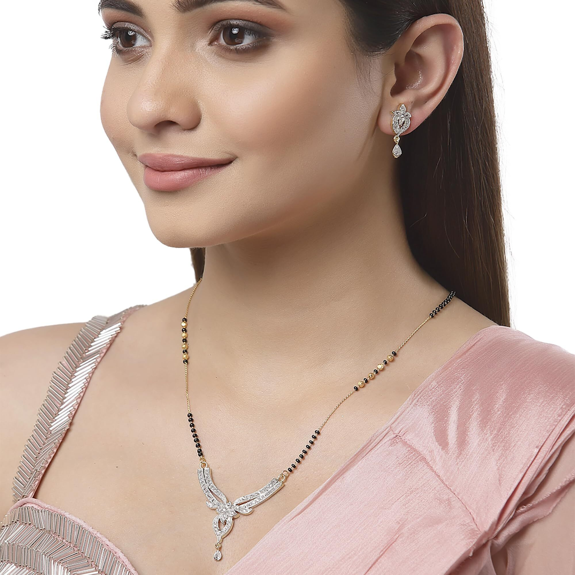 ZENEME Mangalsutra American Diamond Gold Plated Pendant Jewellery with Chain and Earrings for Women (Design-4)