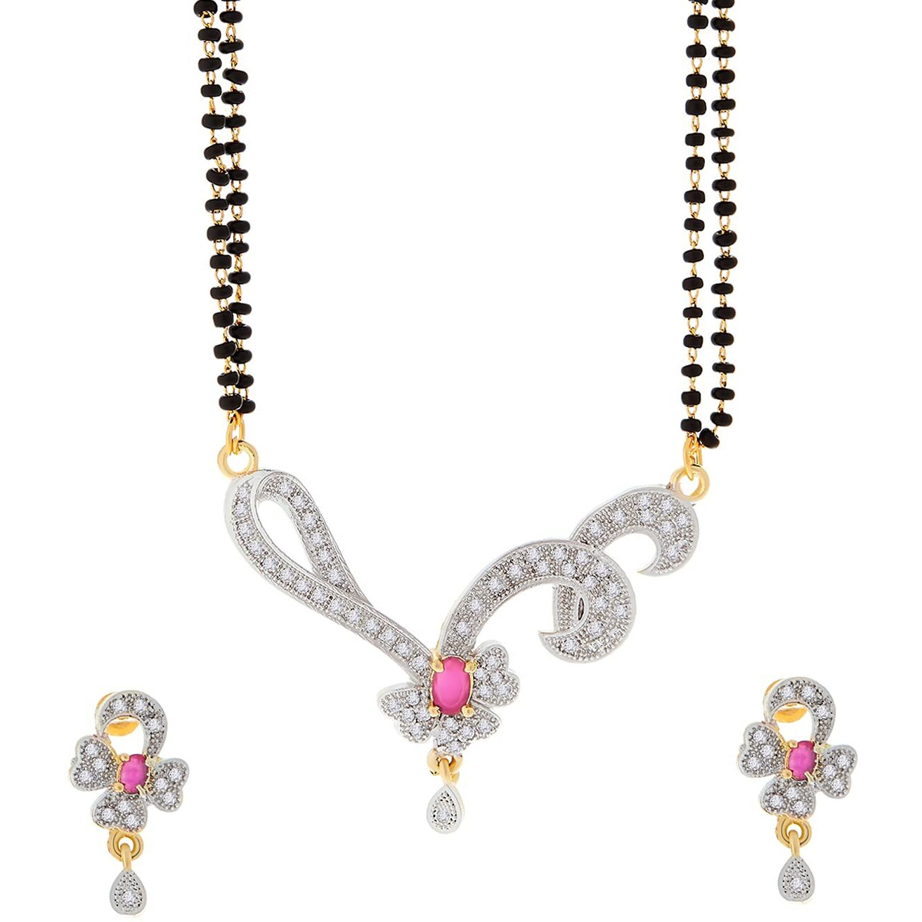 ZENEME Mangalsutra American Diamond Gold Plated Pendant Jewellery with Chain and Earrings for Women (Design-16)