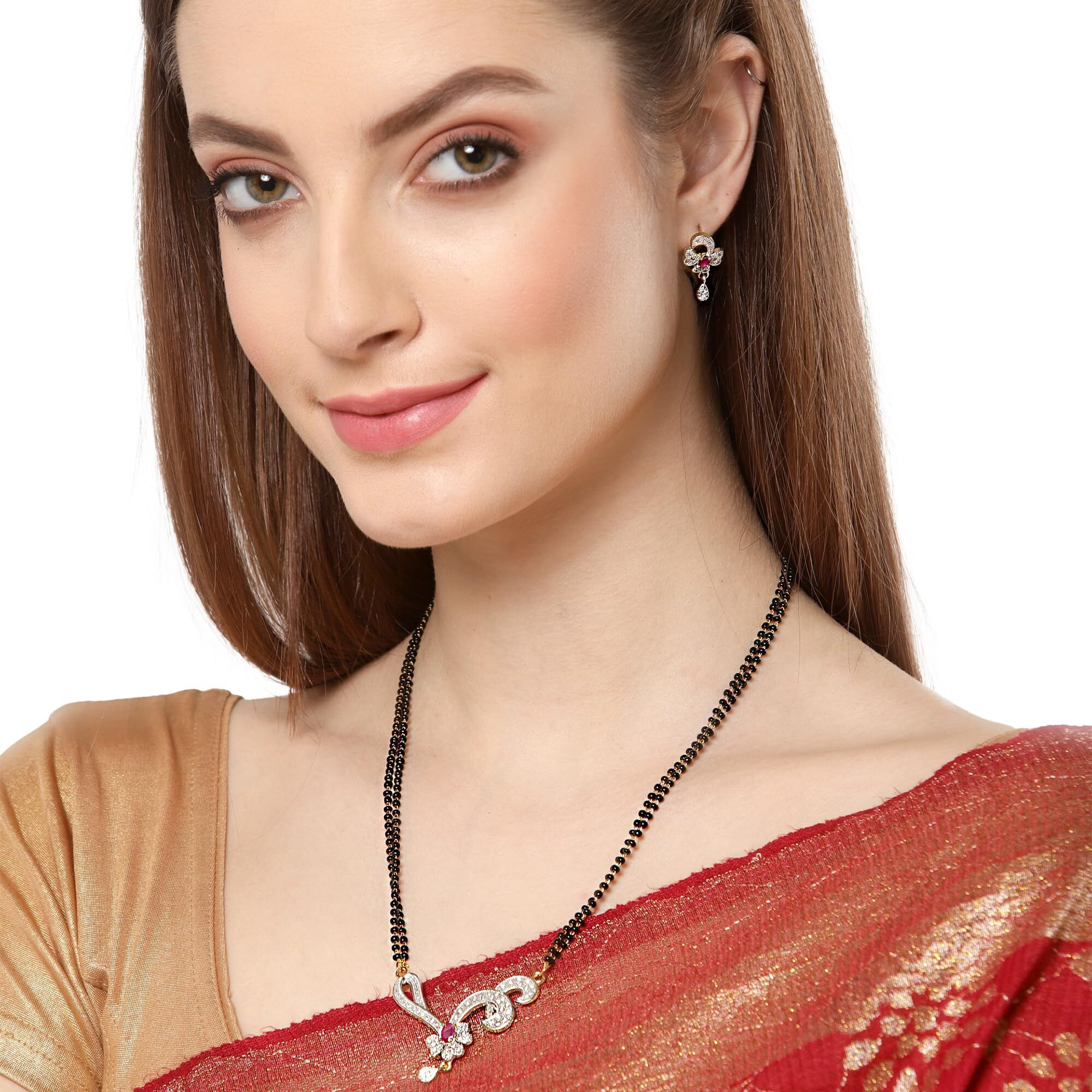 ZENEME Mangalsutra American Diamond Gold Plated Pendant Jewellery with Chain and Earrings for Women (Design-16)