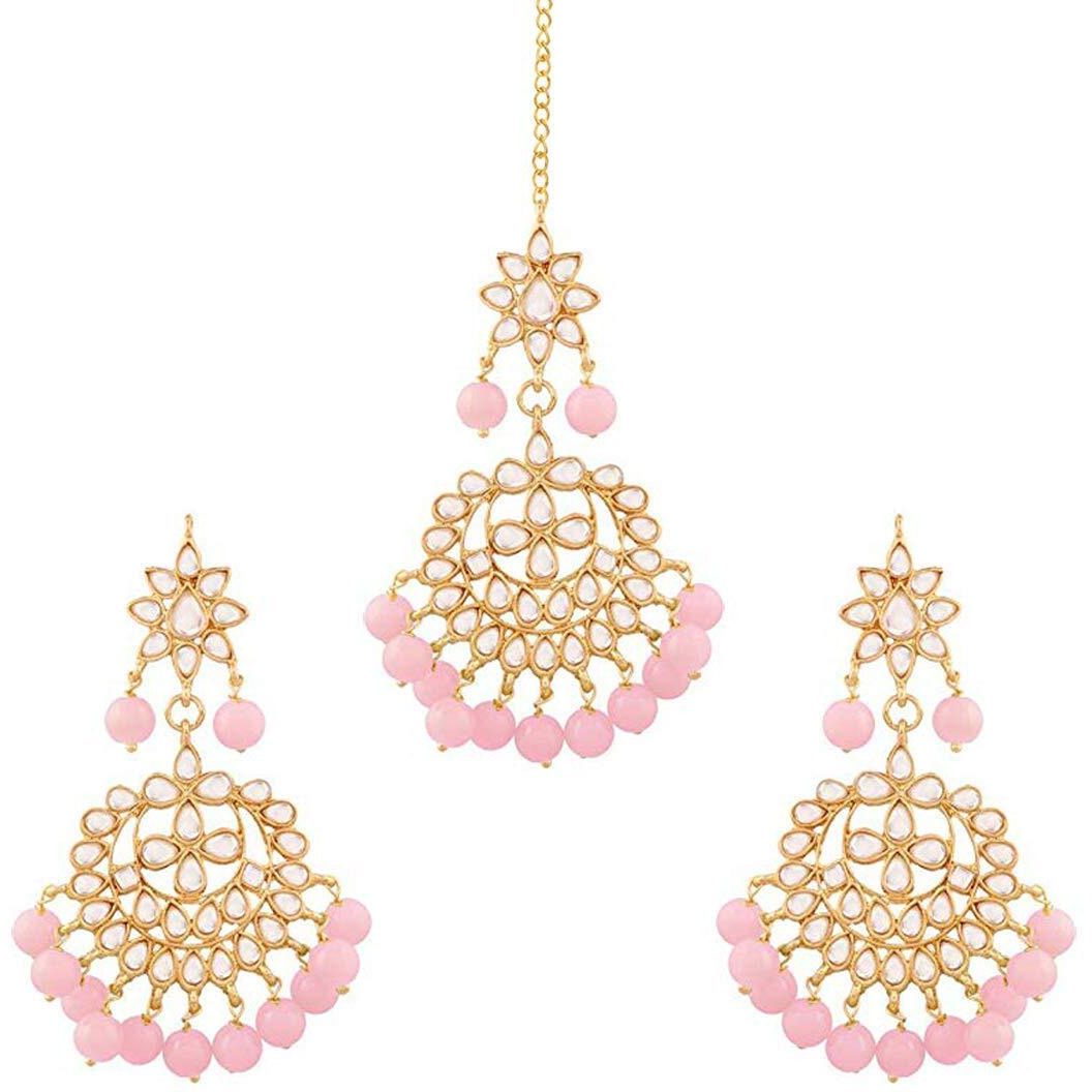 I Jewels Traditional Pink Gold Plated Pearl and Kundan Maang Tikka with Earring Set for Women (TE7058Pi)