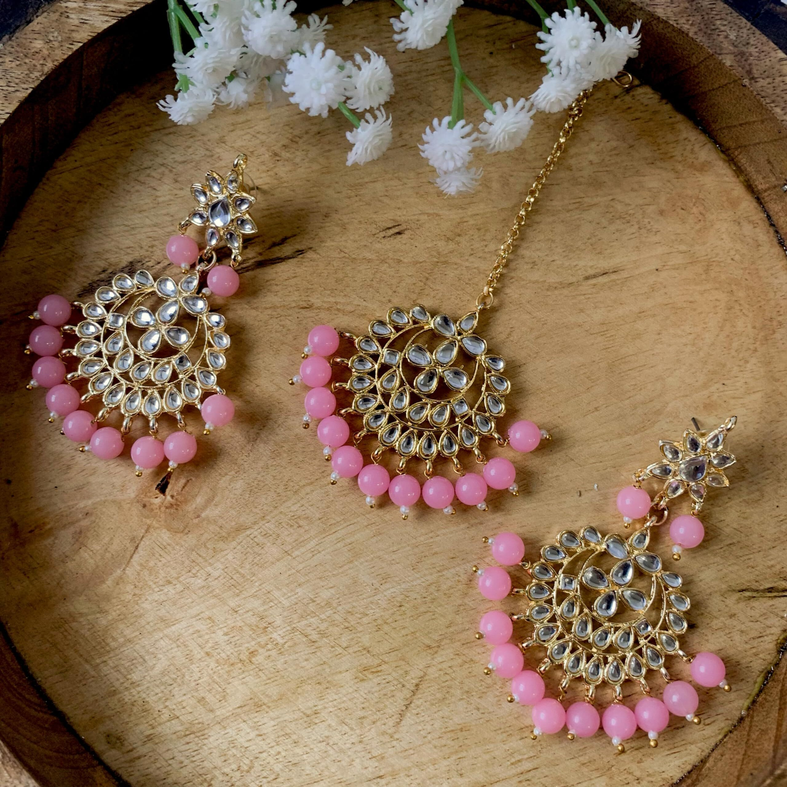 I Jewels Traditional Pink Gold Plated Pearl and Kundan Maang Tikka with Earring Set for Women (TE7058Pi)