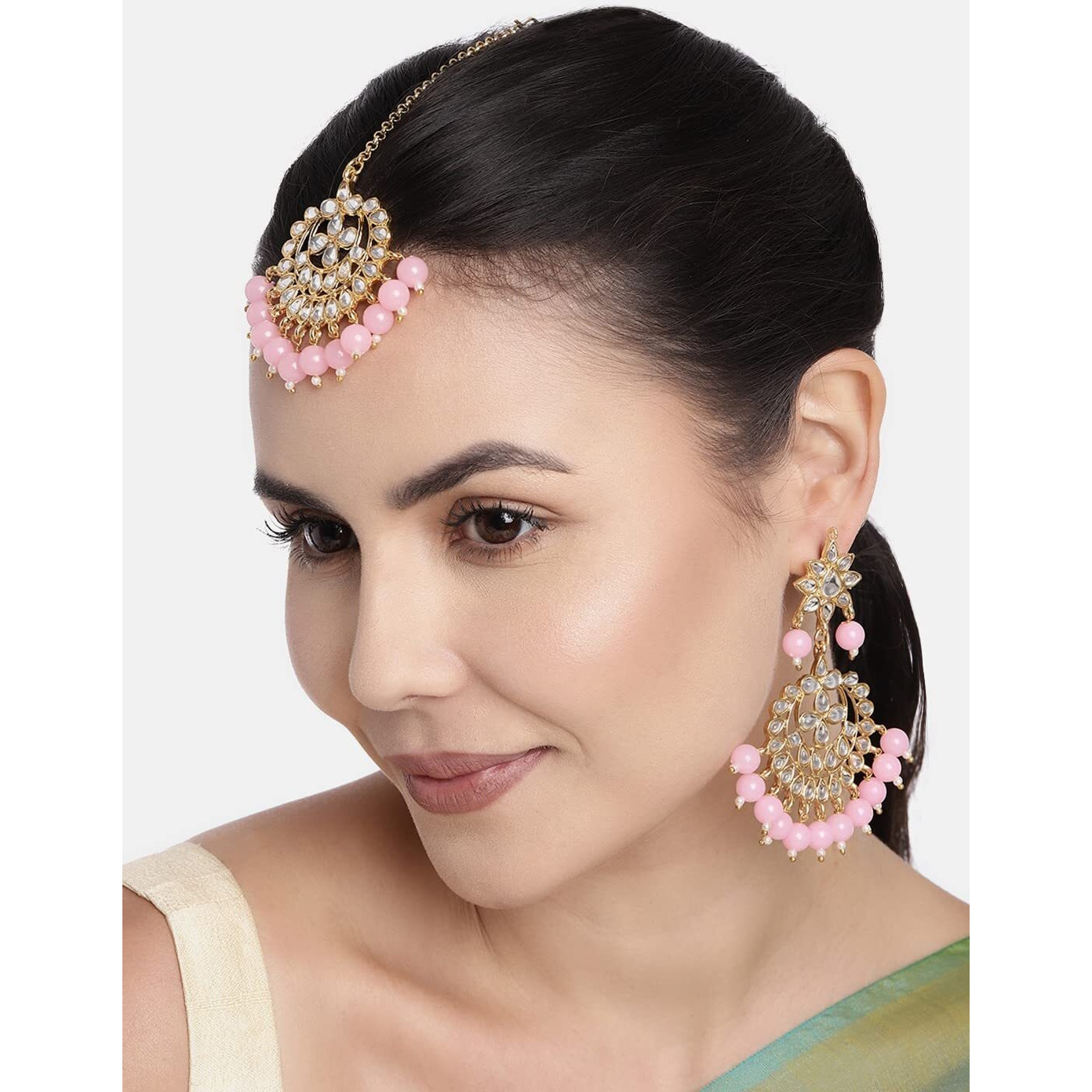 I Jewels Traditional Pink Gold Plated Pearl and Kundan Maang Tikka with Earring Set for Women (TE7058Pi)