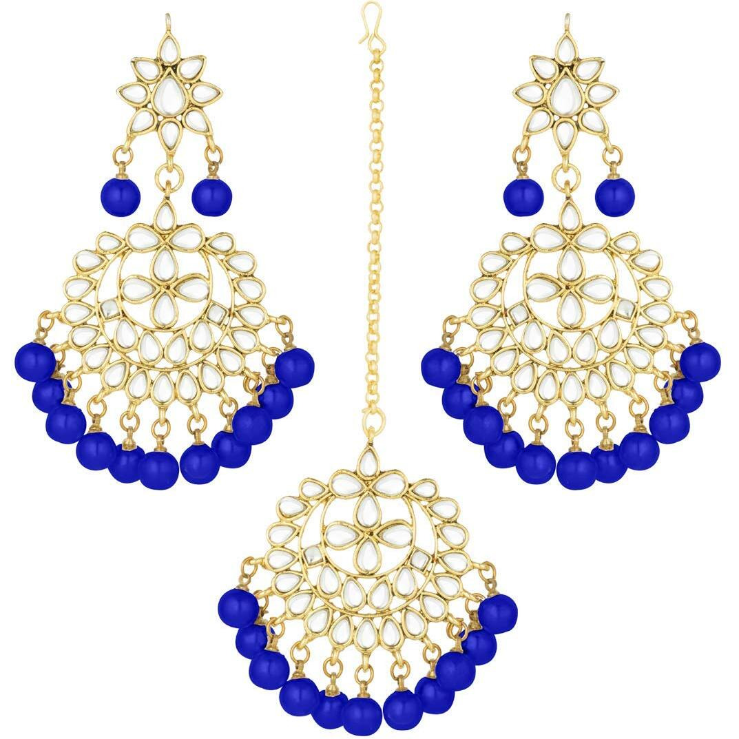 I Jewels Traditional Gold Plated Pearl and Blue Kundan Maang Tikka with Earring Set for Women