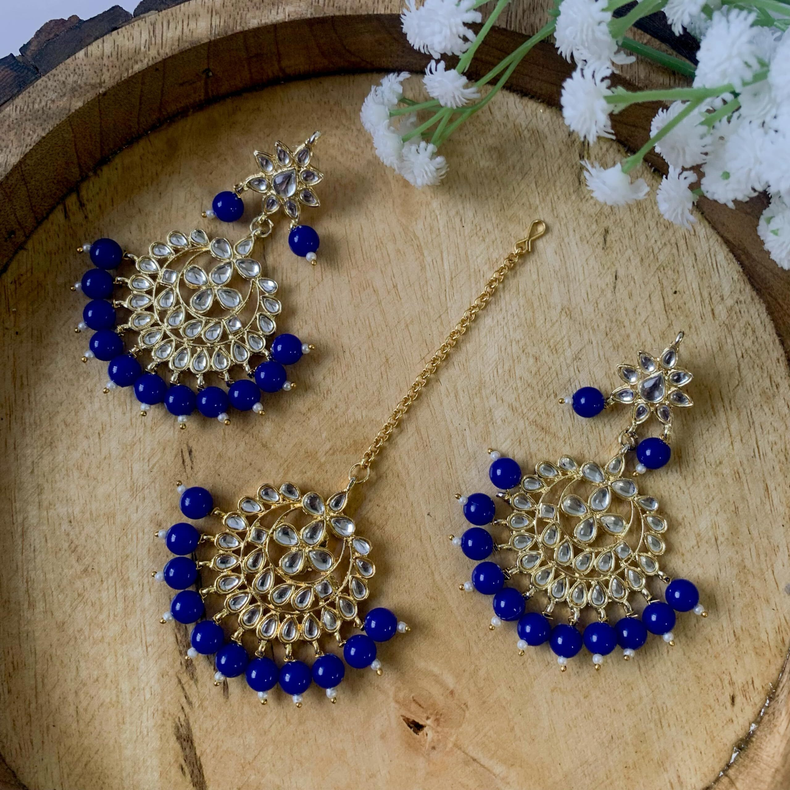 I Jewels Traditional Gold Plated Pearl and Blue Kundan Maang Tikka with Earring Set for Women