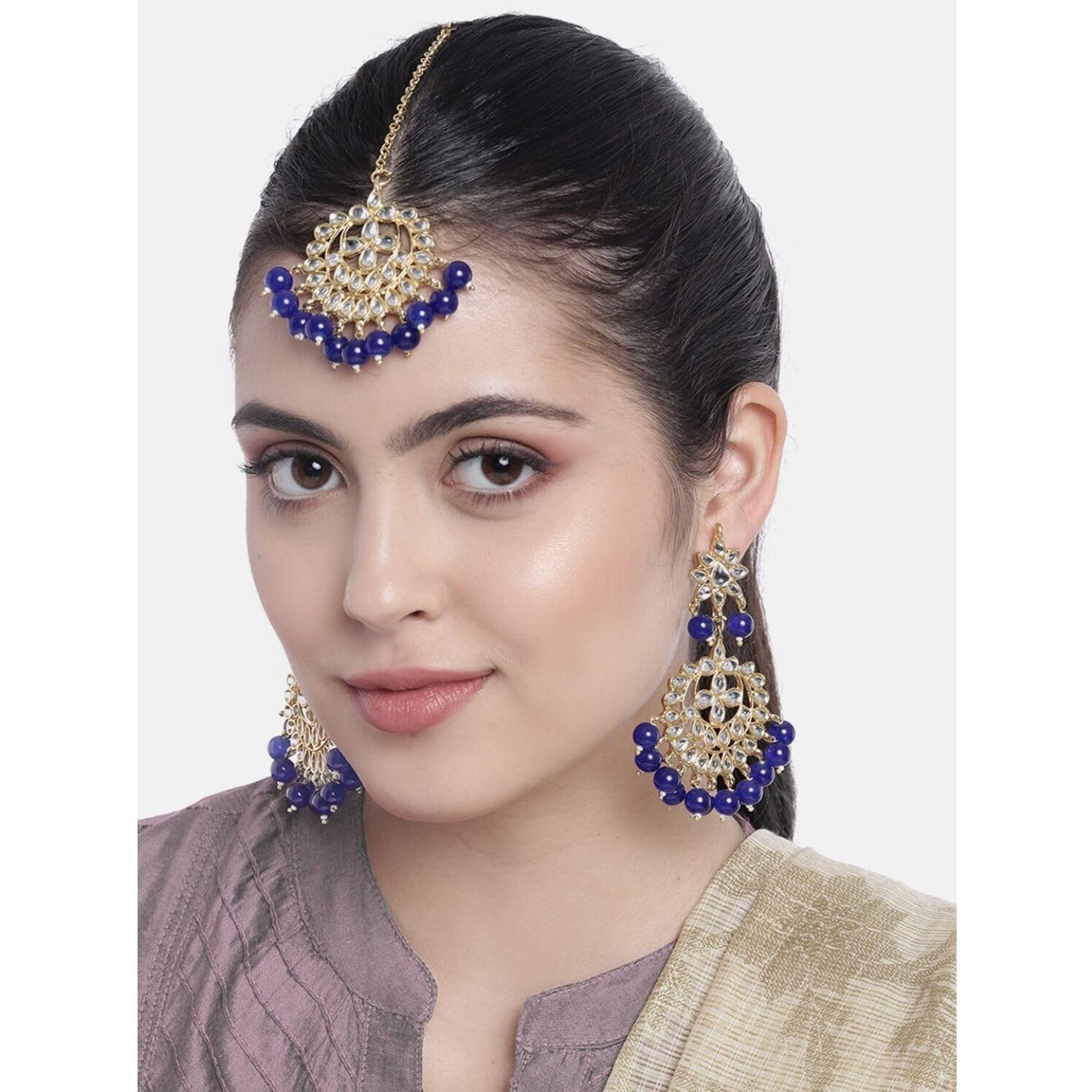 I Jewels Traditional Gold Plated Pearl and Blue Kundan Maang Tikka with Earring Set for Women