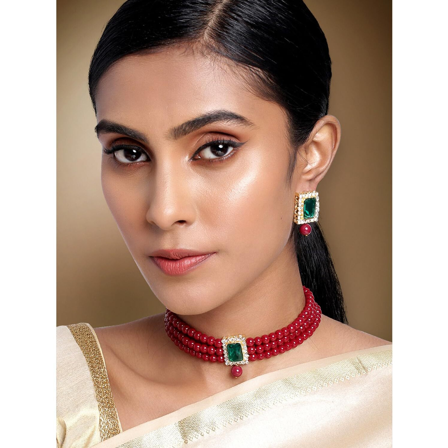 Peora Gold Plated Indian Traditional Crystal Pearl Beaded Choker Necklace Jewellery Set for Women (Maroon-Green)