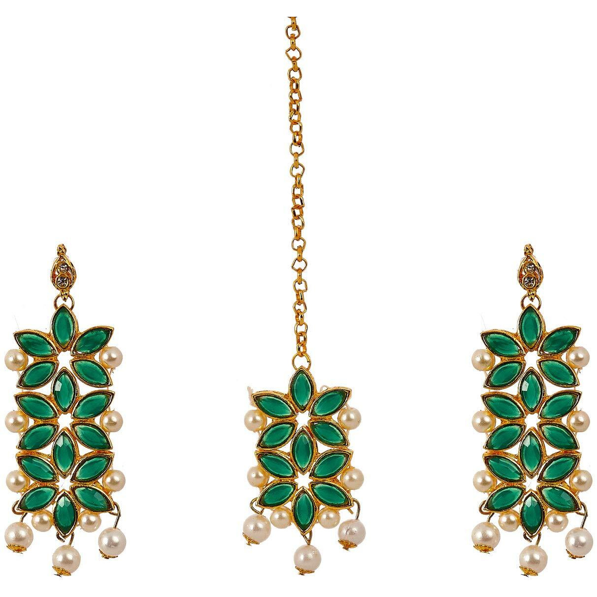 ZENEME Maang Tikka With Earrings Set Flower Shaped Gold Plated Jewellery For Women and Girls (Green)