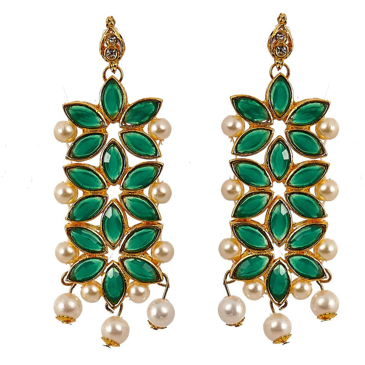 ZENEME Maang Tikka With Earrings Set Flower Shaped Gold Plated Jewellery For Women and Girls (Green)
