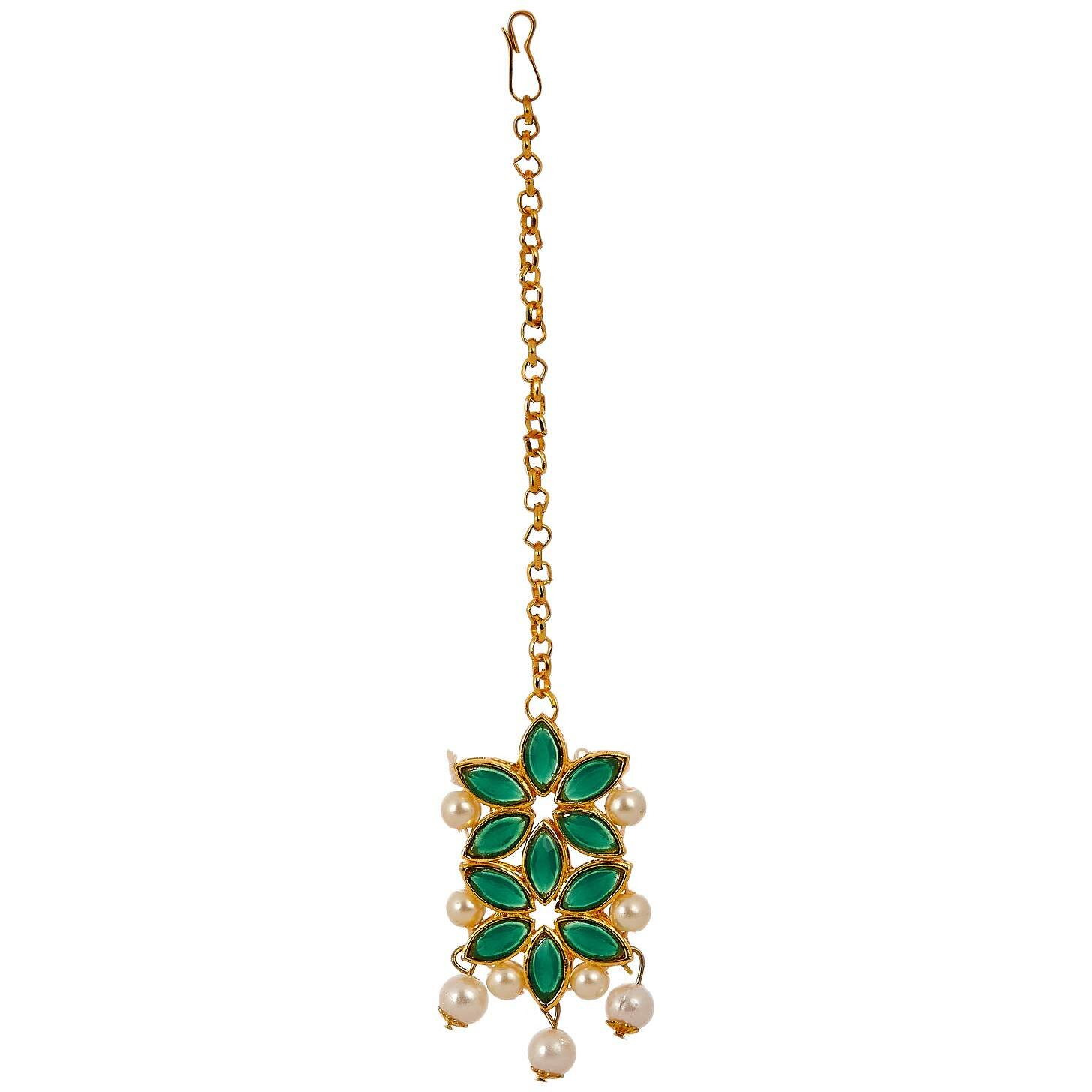 ZENEME Maang Tikka With Earrings Set Flower Shaped Gold Plated Jewellery For Women and Girls (Green)