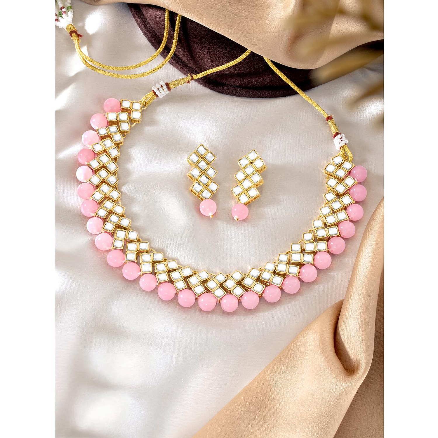Peora Gold Plated Indian Ethnic Kundan Pearl Fancy Bridal Traditional Choker Necklace Jewellery Set with Dangle Earrings for Women