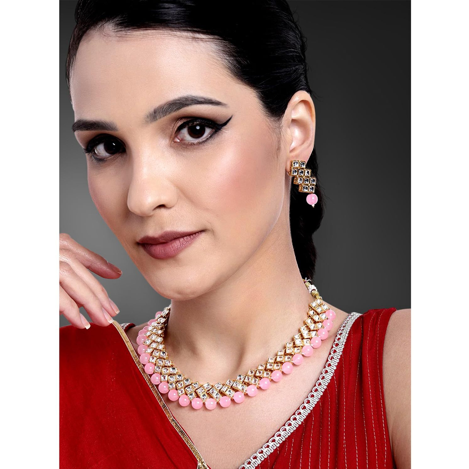 Peora Gold Plated Indian Ethnic Kundan Pearl Fancy Bridal Traditional Choker Necklace Jewellery Set with Dangle Earrings for Women