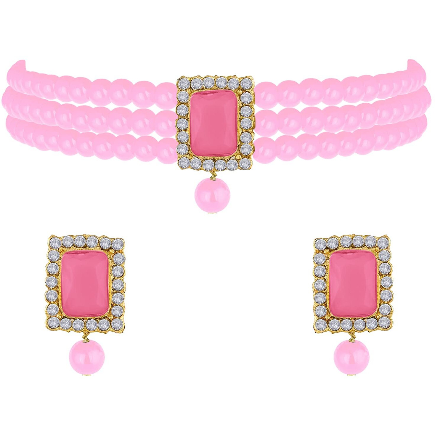 Peora Gold Plated Indian Traditional Crystal Pearl Beaded Choker Necklace Jewellery Set for Women