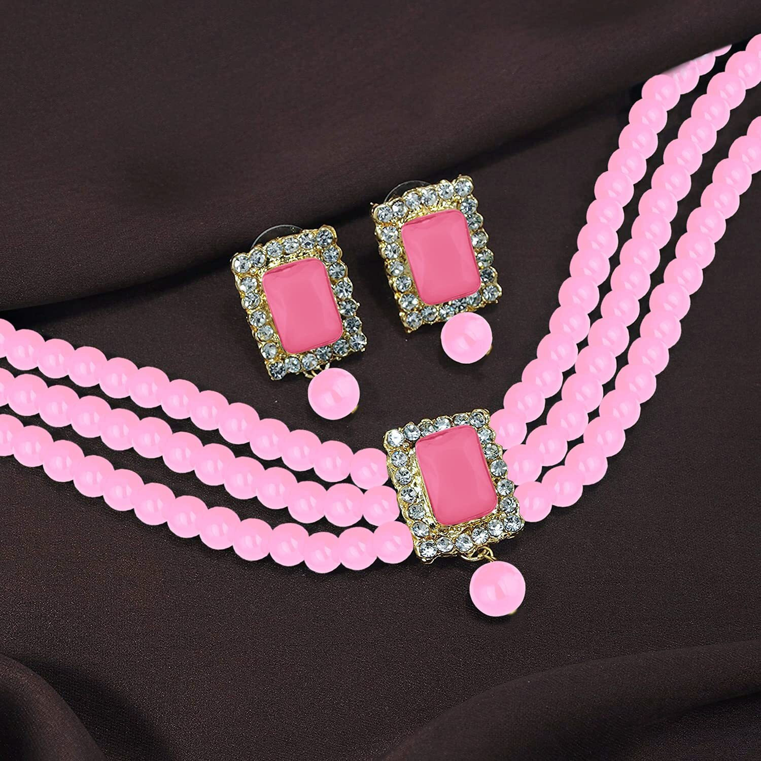 Peora Gold Plated Indian Traditional Crystal Pearl Beaded Choker Necklace Jewellery Set for Women