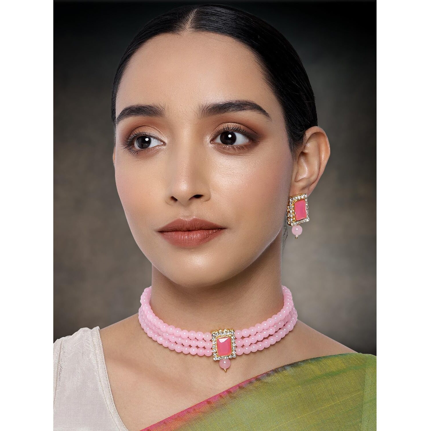 Peora Gold Plated Indian Traditional Crystal Pearl Beaded Choker Necklace Jewellery Set for Women