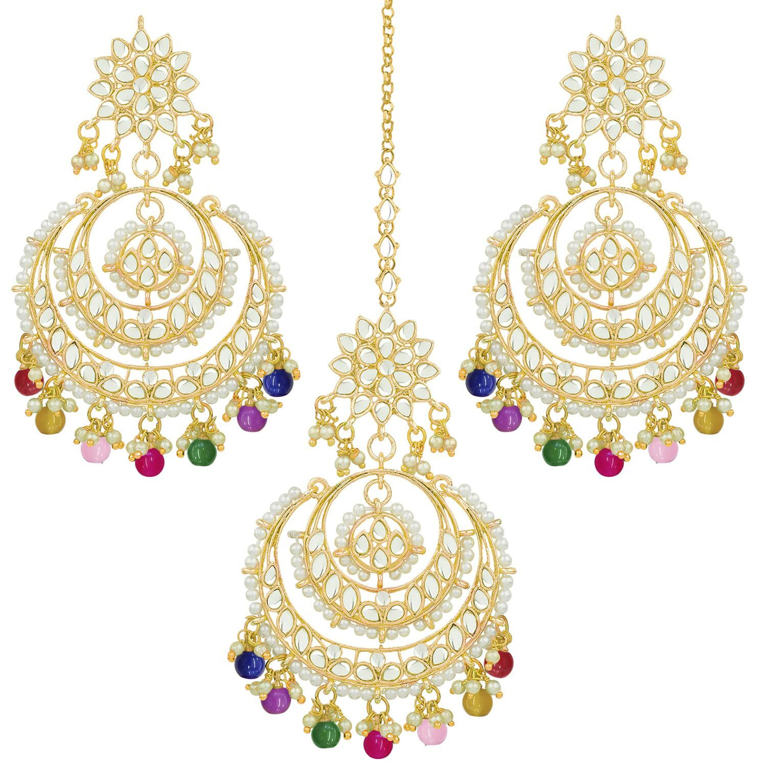 Peora Traditional Jewellery 18K Gold Plated Kundan & Pearl Maang Tikka Earring Set for Women Girls (Multicolor)