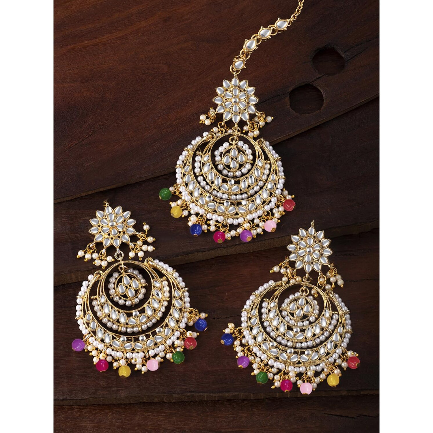 Peora Traditional Jewellery 18K Gold Plated Kundan & Pearl Maang Tikka Earring Set for Women Girls (Multicolor)