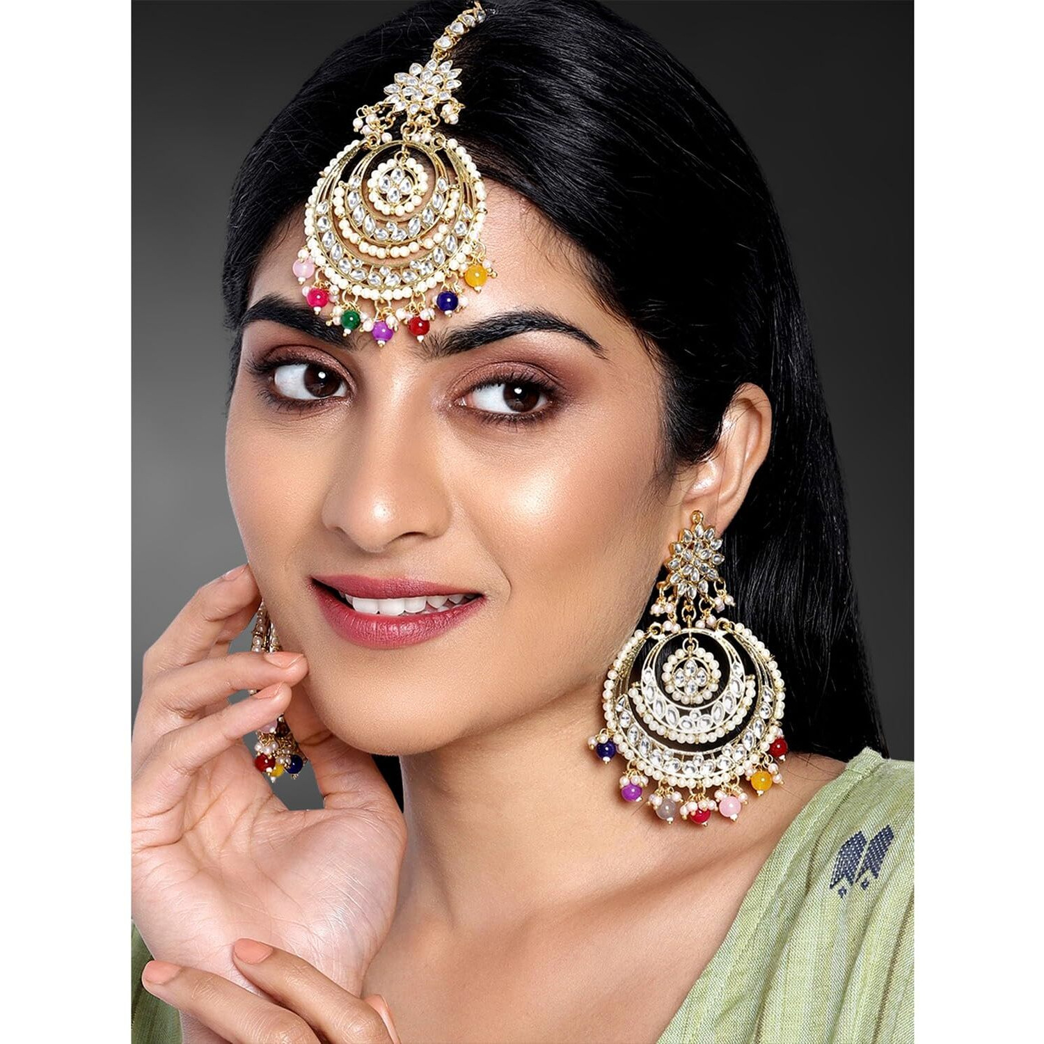 Peora Traditional Jewellery 18K Gold Plated Kundan & Pearl Maang Tikka Earring Set for Women Girls (Multicolor)