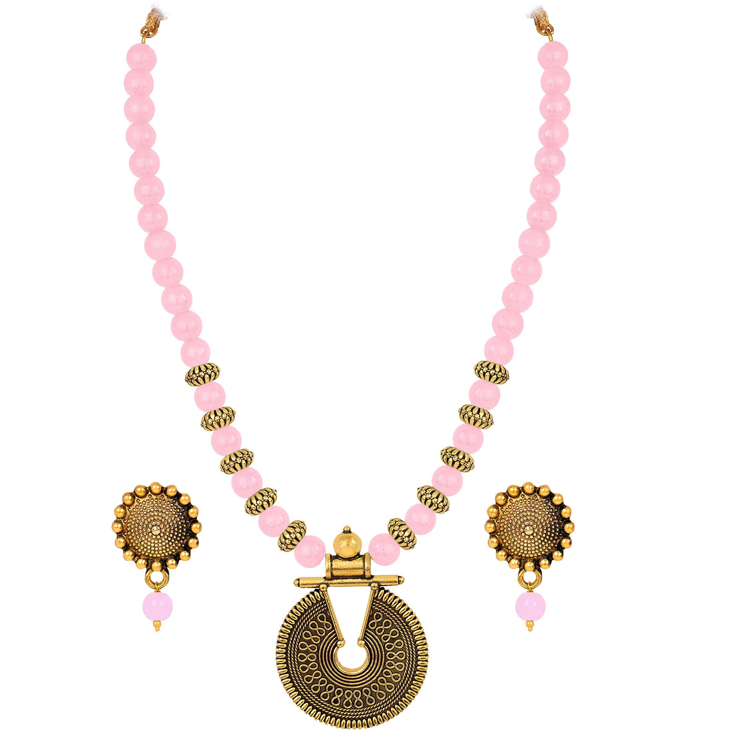 JFL - Jewellery for Less Gold Bluish Pink Beaded Necklace set Keyhole pendant design adjustable length designer set for women & girls,Valentine