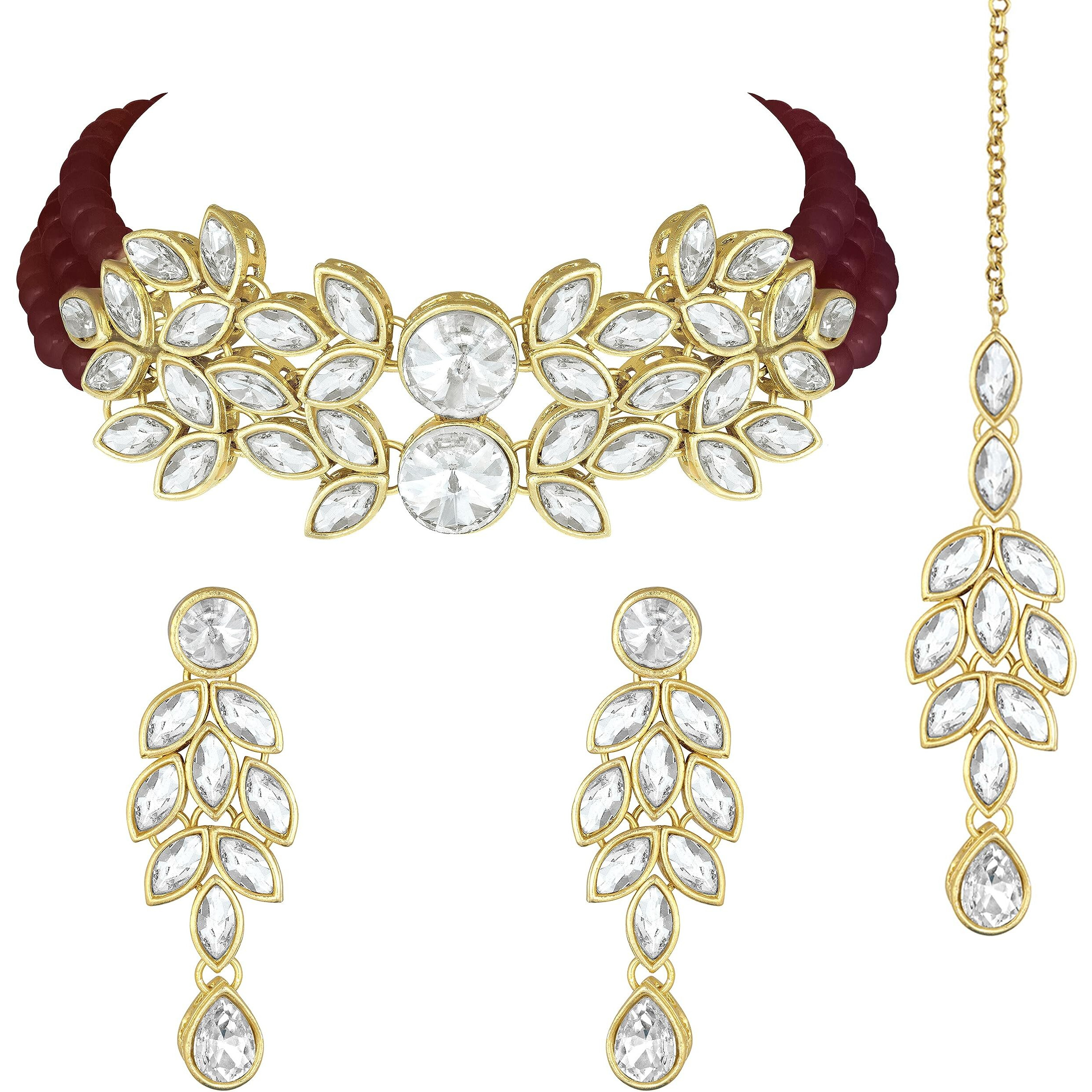 Peora Gold Plated Bridal Crystal Pearl Choker Necklace with Drop Earrings Traditional Jewellery Set for Women